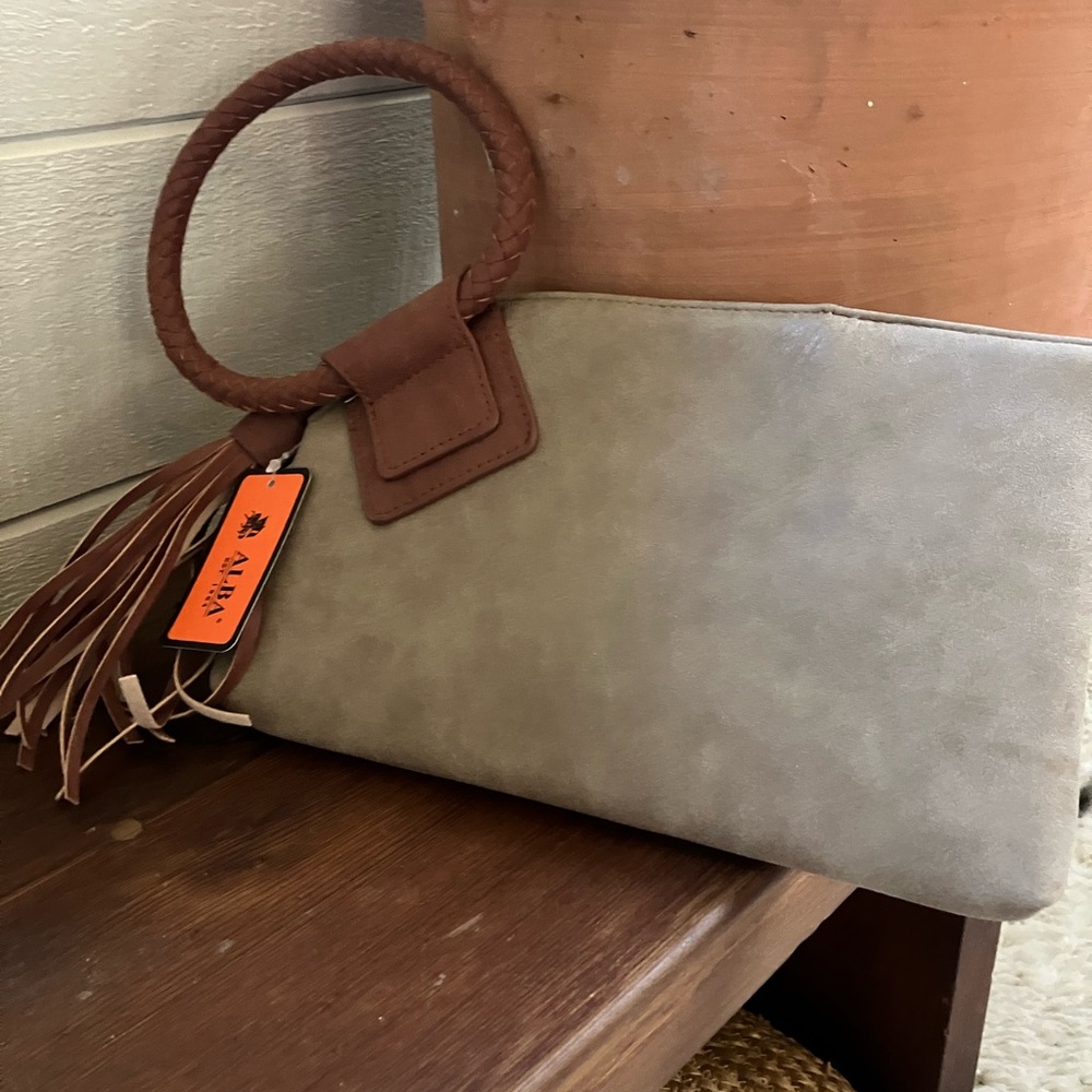 Alba Brown and Gray Clutch with Braided Handle -Vegan Leather